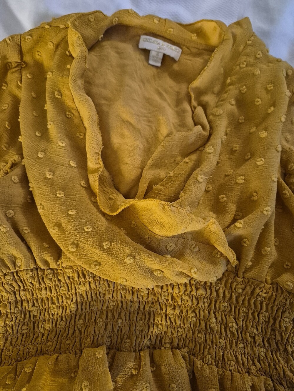 Chelsea & Violet Mustard Ruffle Swiss Dot Smocked Waist Blouse - Picture 5 of 7